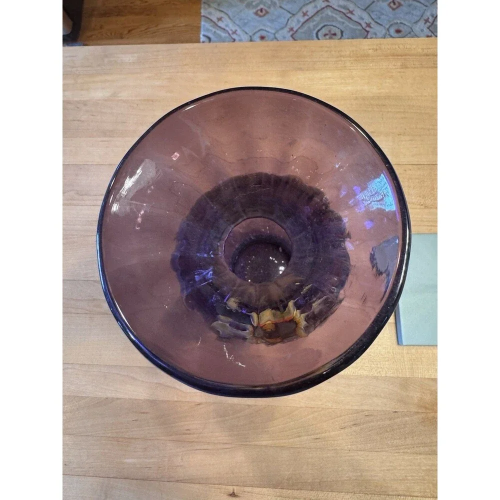 Fenton Amethyst Glass Vase Hand Painted Sunflower Dragonfly Signed D Cutshaw